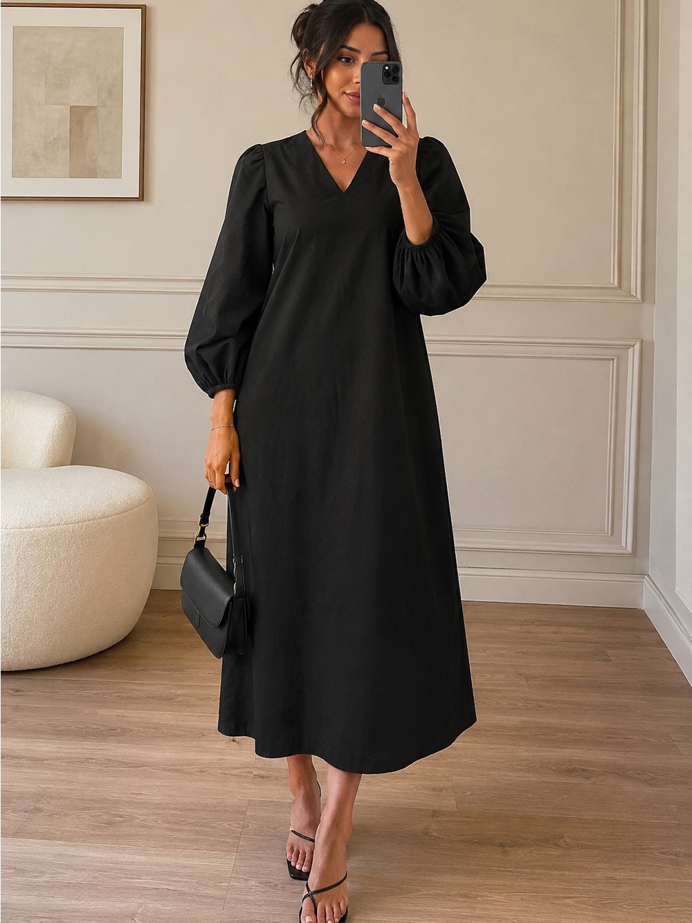 H&M Black V-Neck Midi Dress with Puff Sleeves